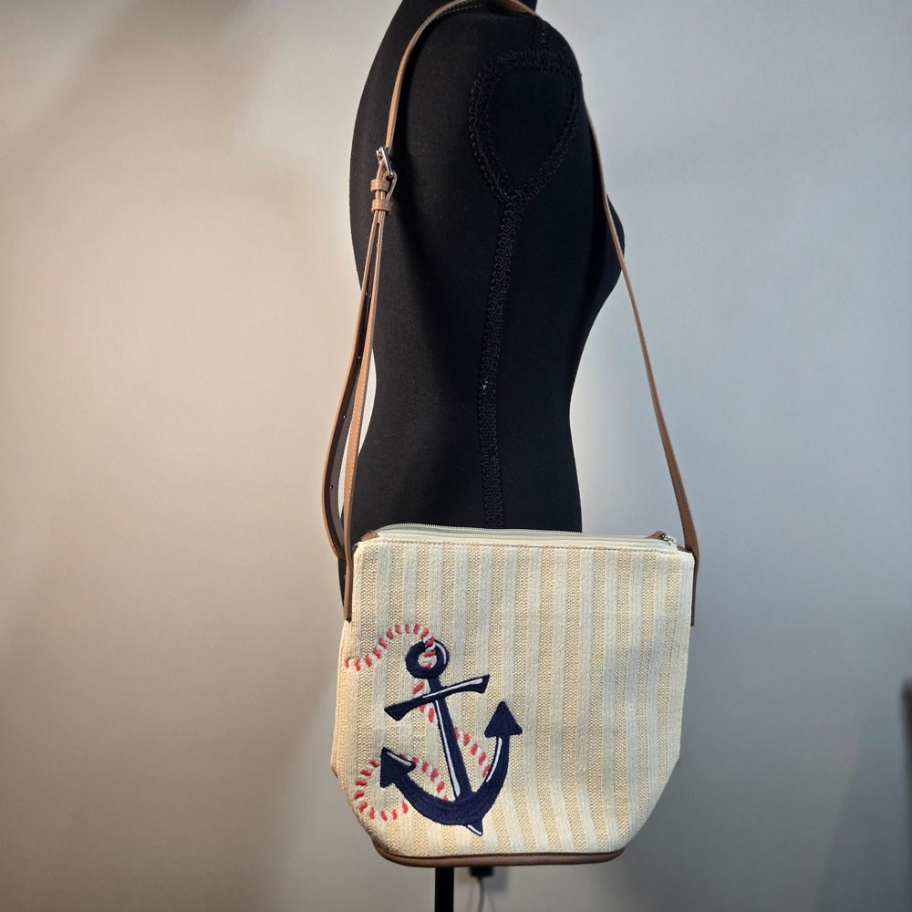 Anchor Crossbody Bag Womens Small Cream Excellent Nautical Woven Straw (A1)
